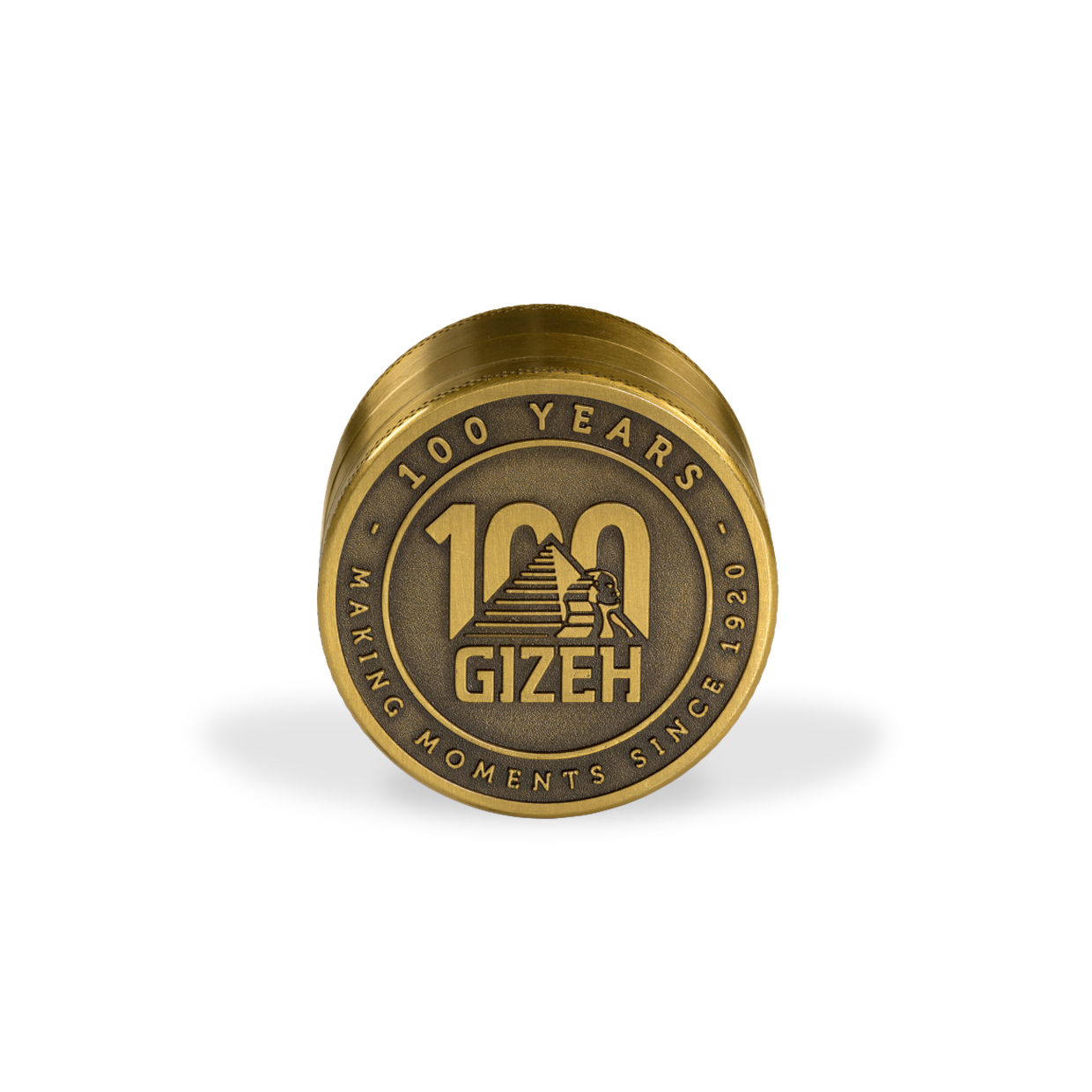 GIZEH® 100 Years Gold Grinder – Vorderansicht mit Jubiläumsprägung.