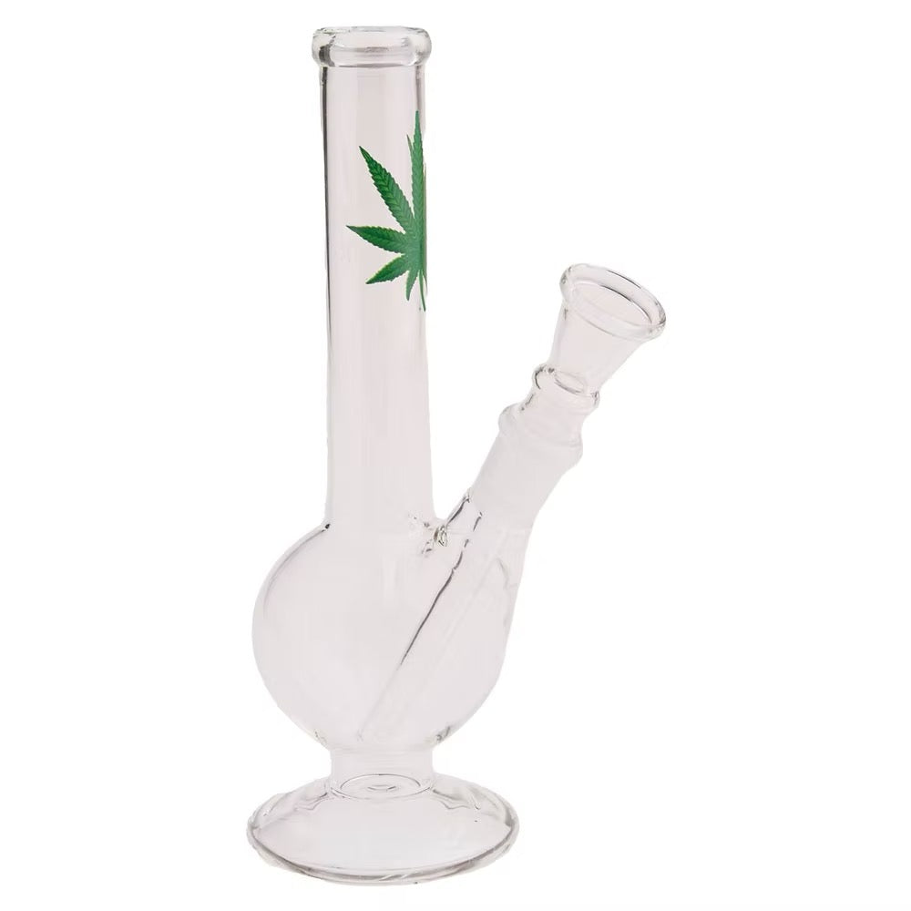 Leaf Small Glass Bong on Foot (18 cm) mit grünem Hanfblatt-Motiv und Fuß