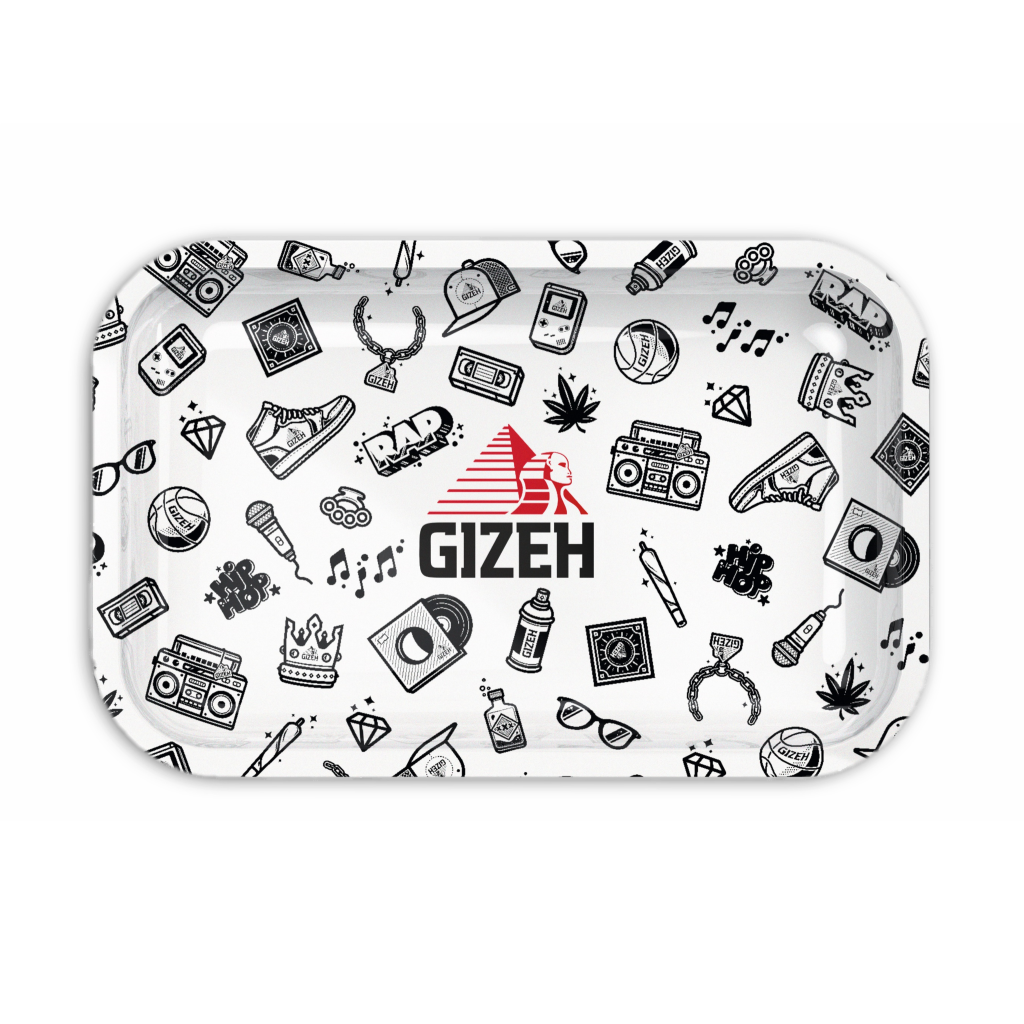 GIZEH® Comic Weiß Rolling Tray – Vorderansicht mit modernem Comic-Design auf weißem Hintergrund.