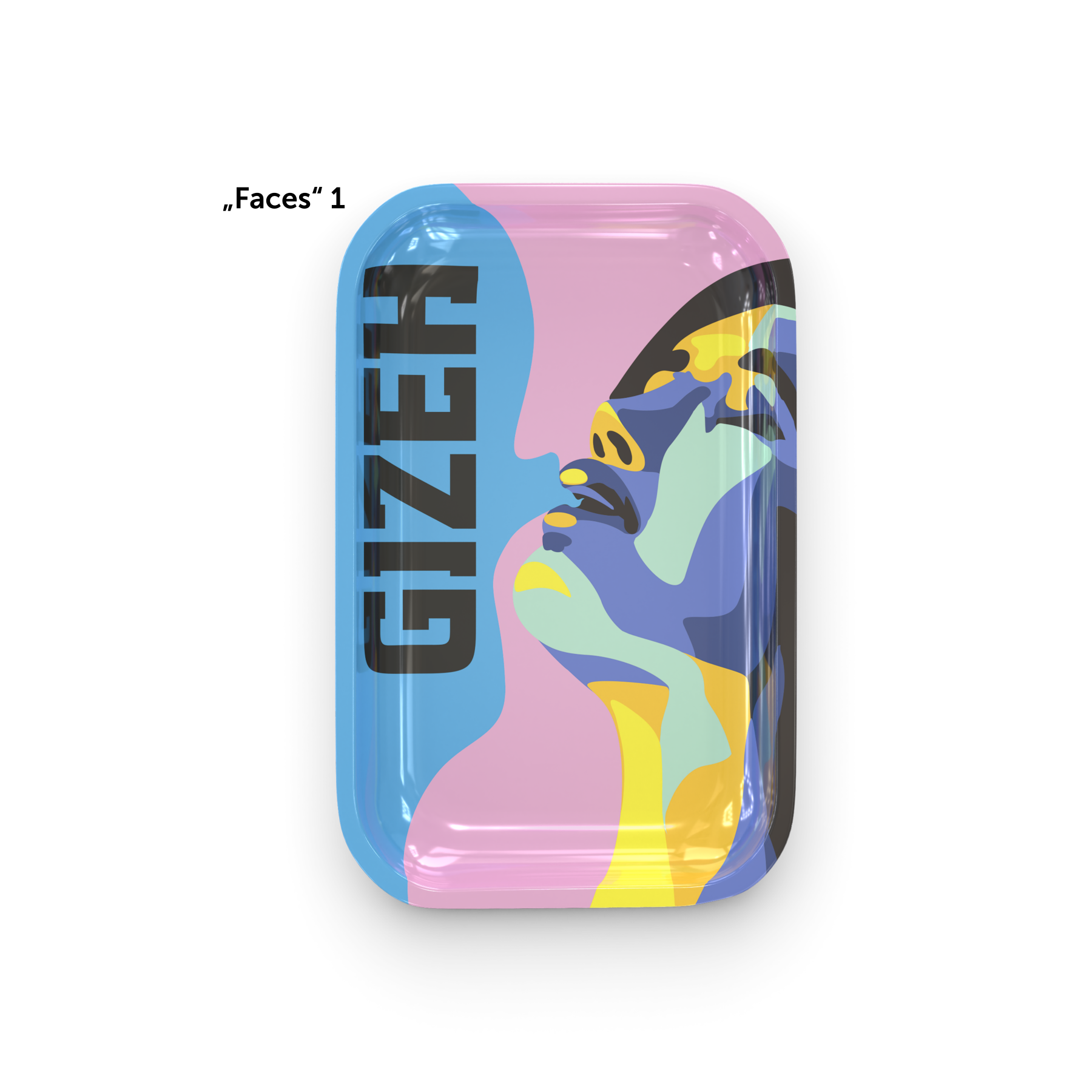 GIZEH® Faces Rolling Tray – Design 1 mit lila, gelben und blauen Farbtönen.