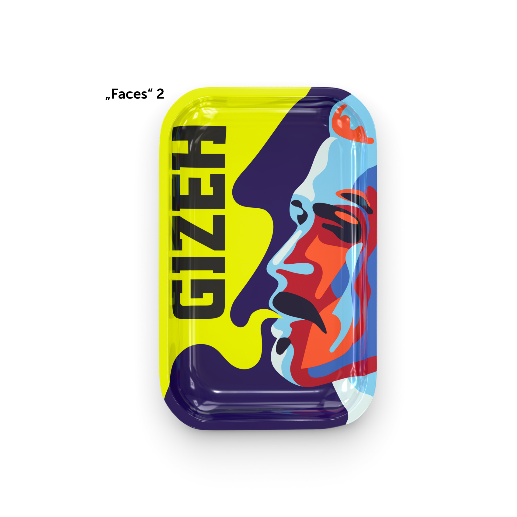 GIZEH® Faces Rolling Tray – Design 2 mit blau-rotem Gesichts-Motiv und GIZEH-Logo.