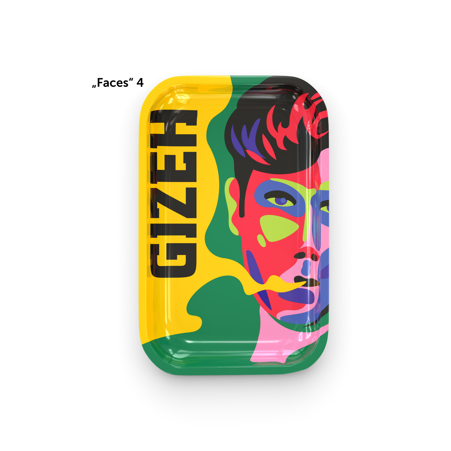 GIZEH® Faces Rolling Tray – Design 4 mit grünem und roten Gesichtsmotiven.