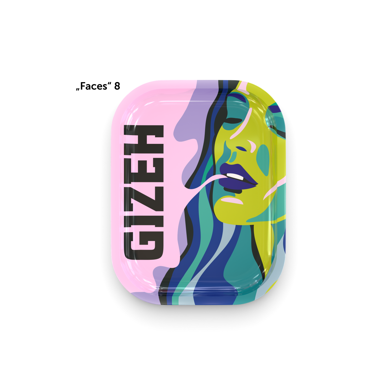 GIZEH® Faces Rolling Tray – Design 8 mit grünen, blauen und gelben Schattierungen.