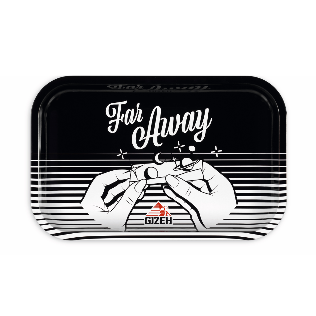 GIZEH® Far Away Rolling Tray – farbenfrohes Metall-Tray mit spacigem Design.