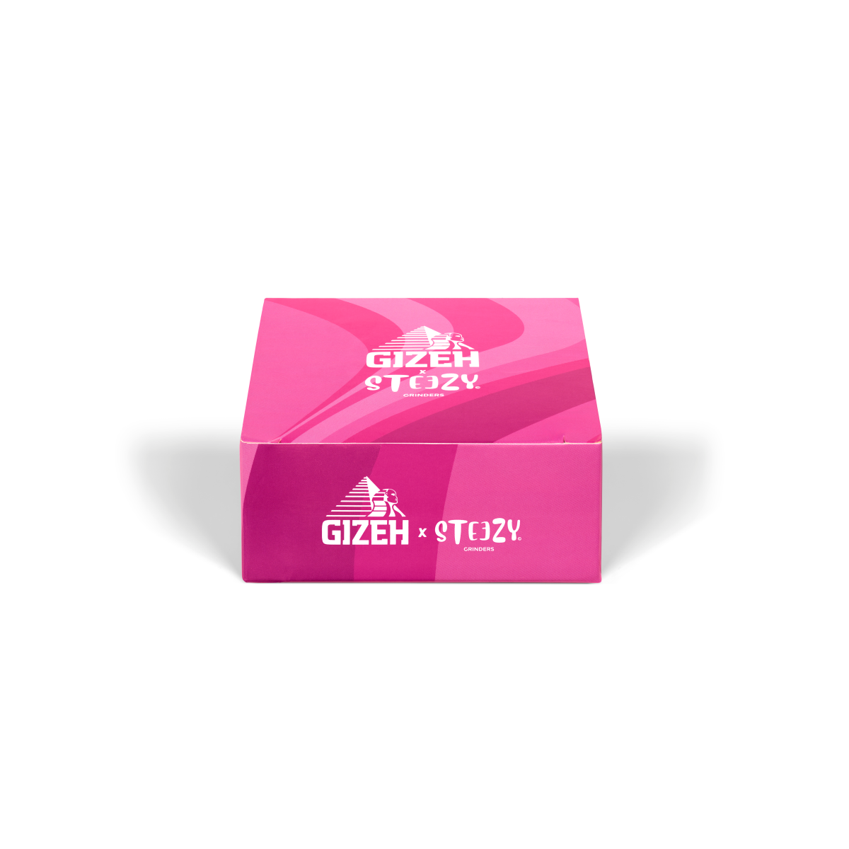 Verpackung des GIZEH® x Steezy Grinders mit markantem Branding in Pink