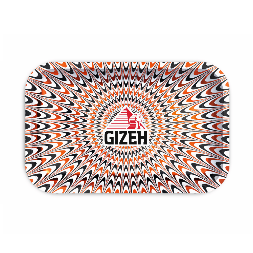 GIZEH® Trippy Rot Rolling Tray – stylisches Metall-Tray mit hypnotischem Rot-Weiß-Design.